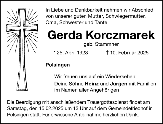 Traueranzeige von Gerda Korczmarek von Altmühl-Bote Lokal