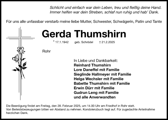 Traueranzeige von Gerda Thumshirn von Schwabacher Tagblatt Lokal