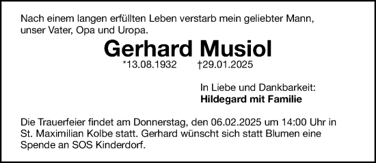 Traueranzeige von Gerhard Musiol von Gesamtausgabe Nürnberger Nachrichten/ Nürnberger Ztg.