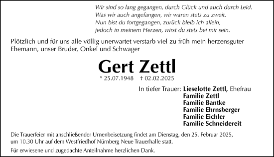 Traueranzeige von Gert Zettl von Gesamtausgabe Nürnberger Nachrichten/ Nürnberger Ztg.