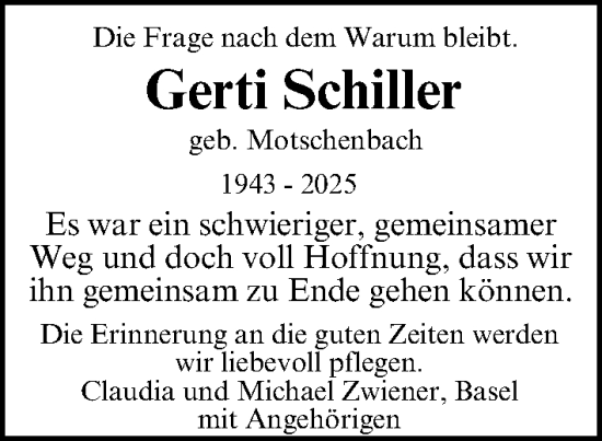 Traueranzeige von Gerti Schiller von Schwabacher Tagblatt Lokal