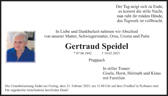 Traueranzeige von Gertraud Speidel von Neumarkter Nachrichten/ Roth-Hilpoltsteiner Volkszeitung