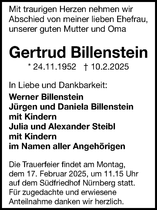 Traueranzeige von Gertrud Billenstein von Gesamtausgabe Nürnberger Nachrichten/ Nürnberger Ztg.