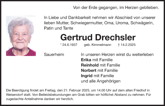 Traueranzeige von Gertrud Drechsler von Gesamtausgabe Nürnberger Nachrichten/ Nürnberger Ztg.