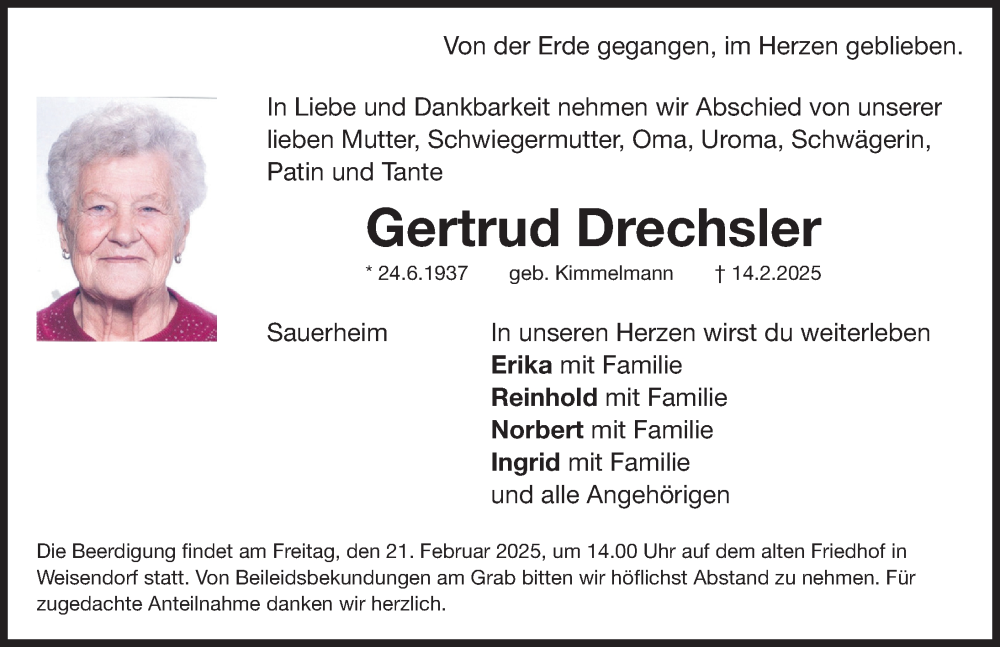 Traueranzeige für Gertrud Drechsler vom 18.02.2025 aus Gesamtausgabe Nürnberger Nachrichten/ Nürnberger Ztg.
