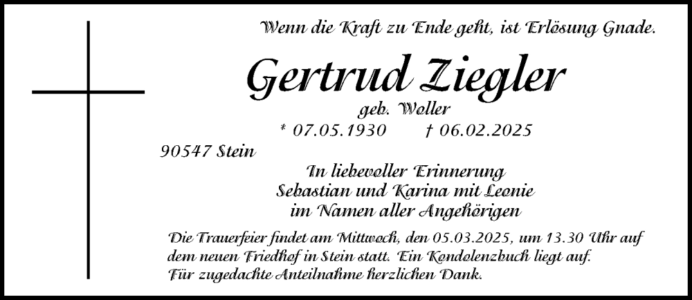  Traueranzeige für Gertrud Ziegler vom 01.03.2025 aus Gesamtausgabe Nürnberger Nachrichten/ Nürnberger Ztg.