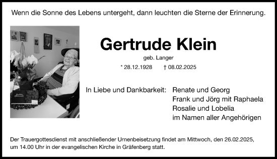 Traueranzeige von Gertrude Klein von Nordbayerische Nachrichten Forchheim Lokal