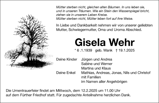 Traueranzeige von Gisela Wehr von Fürther Nachrichten Lokal