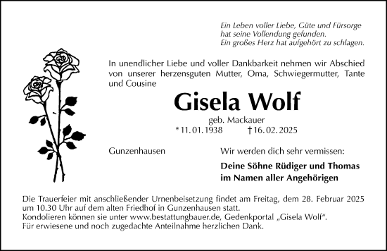 Traueranzeige von Gisela Wolf von Altmühl-Bote Lokal