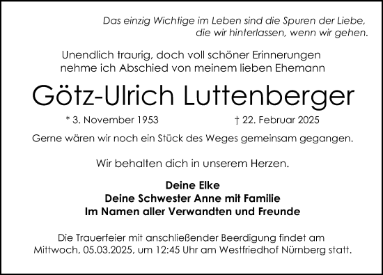 Traueranzeige von Götz-Ulrich Luttenberger von Gesamtausgabe Nürnberger Nachrichten/ Nürnberger Ztg.