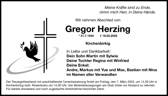Traueranzeige von Gregor Herzing von Nordbayerische Nachrichten Pegnitz Lokal