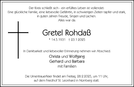 Traueranzeige von Gretel Rohdaß von Gesamtausgabe Nürnberger Nachrichten/ Nürnberger Ztg.