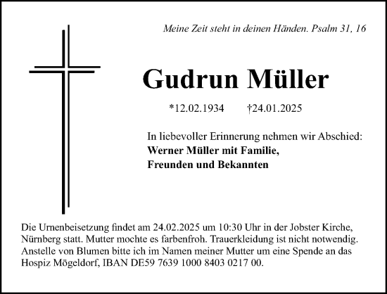 Traueranzeige von Gudrun Müller von Gesamtausgabe Nürnberger Nachrichten/ Nürnberger Ztg.