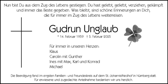 Traueranzeige von Gudrun Unslaub von Gesamtausgabe Nürnberger Nachrichten/ Nürnberger Ztg.