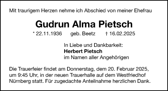 Traueranzeige von Gudrun Alma Pietsch von Gesamtausgabe Nürnberger Nachrichten/ Nürnberger Ztg.