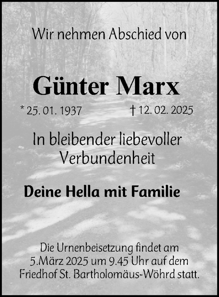  Traueranzeige für Günter Marx vom 01.03.2025 aus Gesamtausgabe Nürnberger Nachrichten/ Nürnberger Ztg.