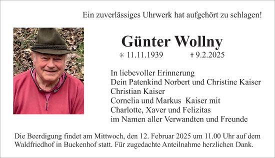 Traueranzeige von Günter Wollny von Erlanger Nachrichten Lokal