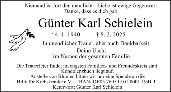 Traueranzeige von Günter Karl Schielein von Gesamtausgabe Nürnberger Nachrichten/ Nürnberger Ztg.