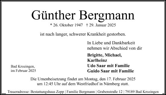 Traueranzeige von Günther Bergmann von Gesamtausgabe Nürnberger Nachrichten/ Nürnberger Ztg.