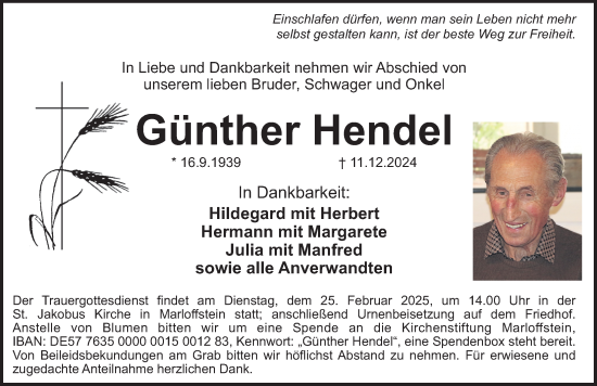 Traueranzeige von Günther Hendel von Erlanger Nachrichten Lokal