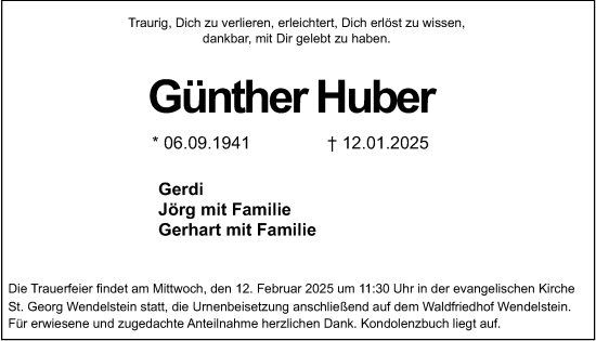 Traueranzeige von Günther Huber von Gesamtausgabe Nürnberger Nachrichten/ Nürnberger Ztg.