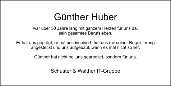 Traueranzeige von Günther Huber von Gesamtausgabe Nürnberger Nachrichten/ Nürnberger Ztg.