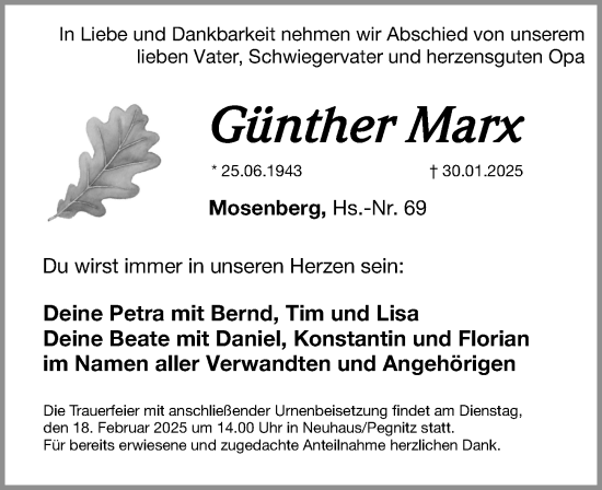 Traueranzeige von Günther Marx von Nordbayerische Nachrichten Pegnitz Lokal