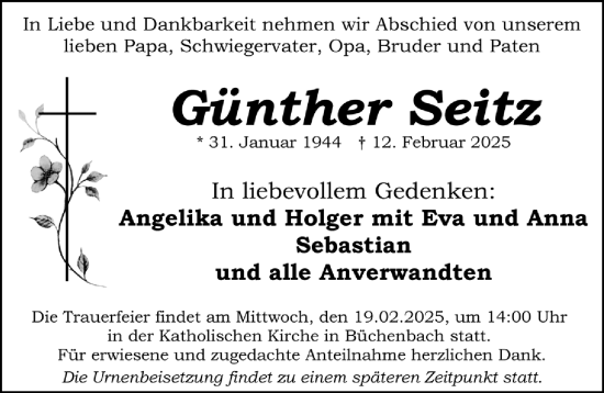 Traueranzeige von Günther Seitz von Roth-Hilpoltsteiner Volkszeitung Lokal