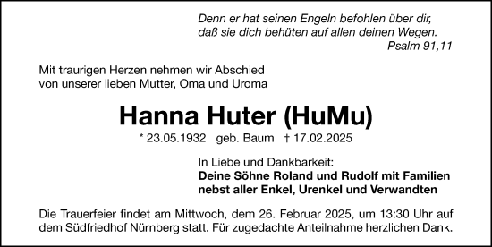 Traueranzeige von Hanna Huter von Gesamtausgabe Nürnberger Nachrichten/ Nürnberger Ztg.