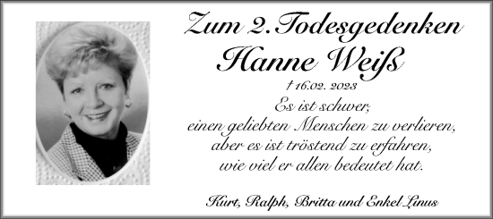 Traueranzeige von Hanne Weiß von Gesamtausgabe Nürnberger Nachrichten/ Nürnberger Ztg.