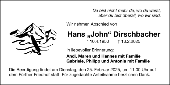 Traueranzeige von Hans Dirschbacher von Fürther Nachrichten Lokal