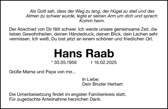 Traueranzeige von Hans Raab von Gesamtausgabe Nürnberger Nachrichten/ Nürnberger Ztg.