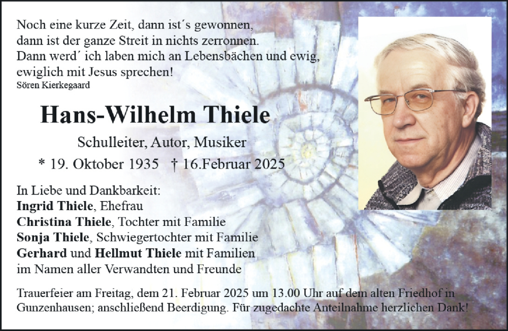  Traueranzeige für Hans-Wilhelm Thiele vom 19.02.2025 aus Altmühl-Bote Lokal