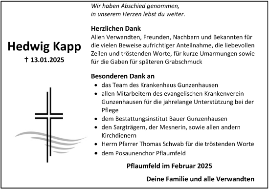 Traueranzeige von Hedwig Kapp von Altmühl-Bote Lokal
