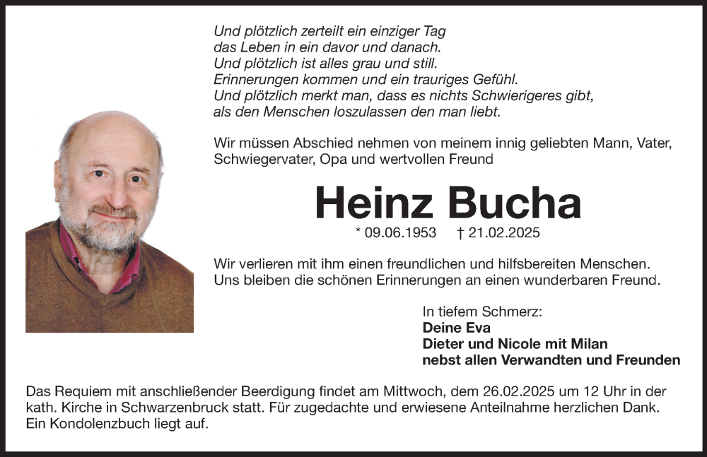  Traueranzeige für Heinz Bucha vom 25.02.2025 aus Gesamtausgabe Nürnberger Nachrichten/ Nürnberger Ztg.