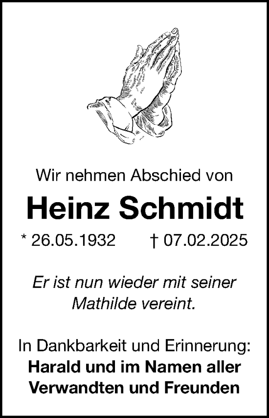 Traueranzeige von Heinz Schmidt von Gesamtausgabe Nürnberger Nachrichten/ Nürnberger Ztg.