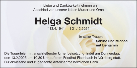 Traueranzeige von Helga Schmidt von Gesamtausgabe Nürnberger Nachrichten/ Nürnberger Ztg.