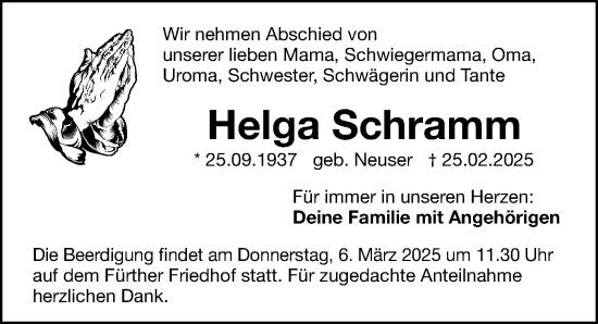 Traueranzeige von Helga Schramm von Fürther Nachrichten Lokal