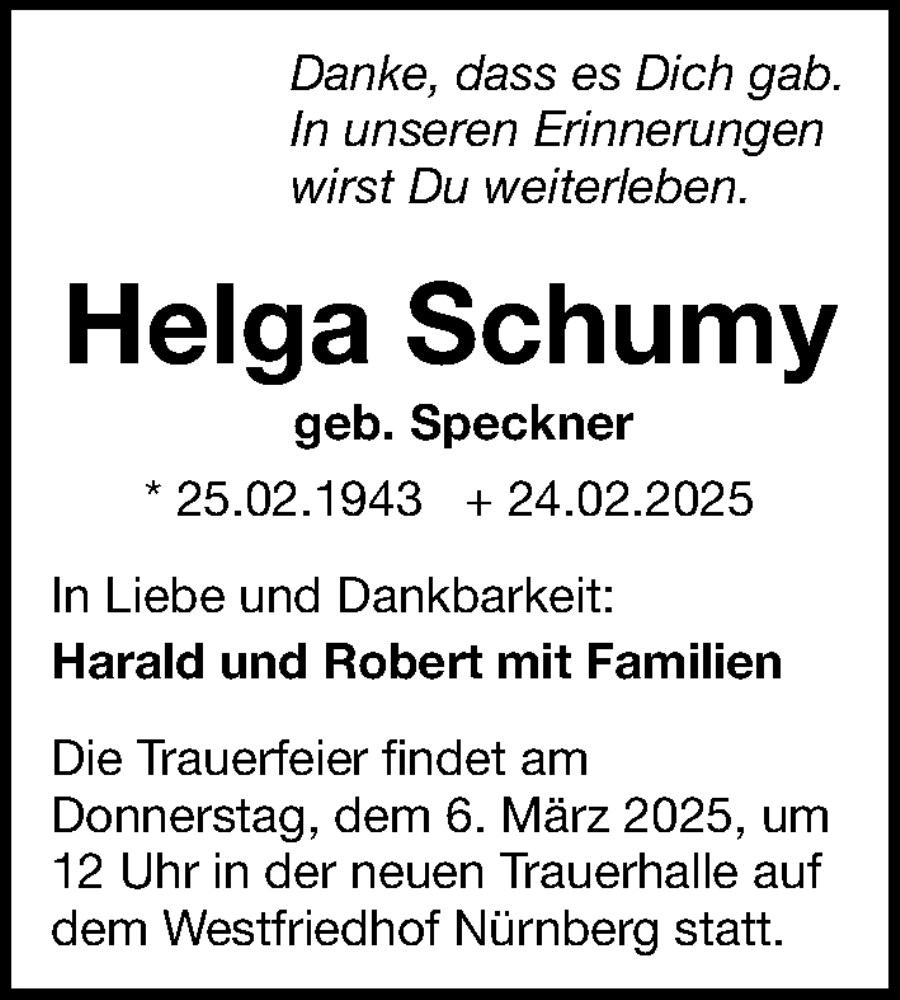  Traueranzeige für Helga Schumy vom 01.03.2025 aus Gesamtausgabe Nürnberger Nachrichten/ Nürnberger Ztg.
