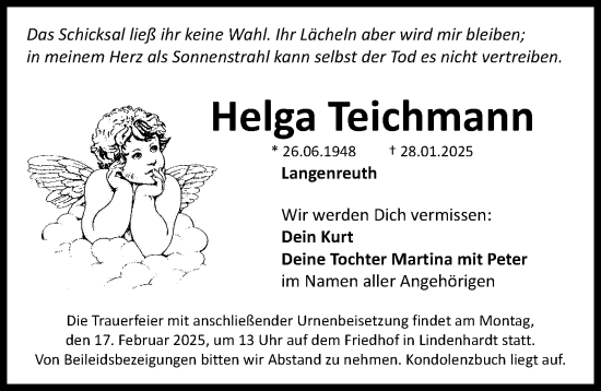 Traueranzeige von Helga Teichmann von Nordbayerische Nachrichten Pegnitz Lokal