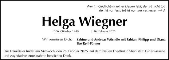 Traueranzeige von Helga Wiegner von Gesamtausgabe Nürnberger Nachrichten/ Nürnberger Ztg.