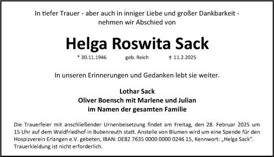 Traueranzeige von Helga Roswita Sack von Erlanger Nachrichten Lokal