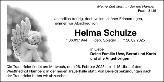 Traueranzeige von Helma Schulze von Gesamtausgabe Nürnberger Nachrichten/ Nürnberger Ztg.