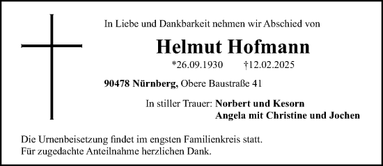 Traueranzeige von Helmut Hofmann von Gesamtausgabe Nürnberger Nachrichten/ Nürnberger Ztg.