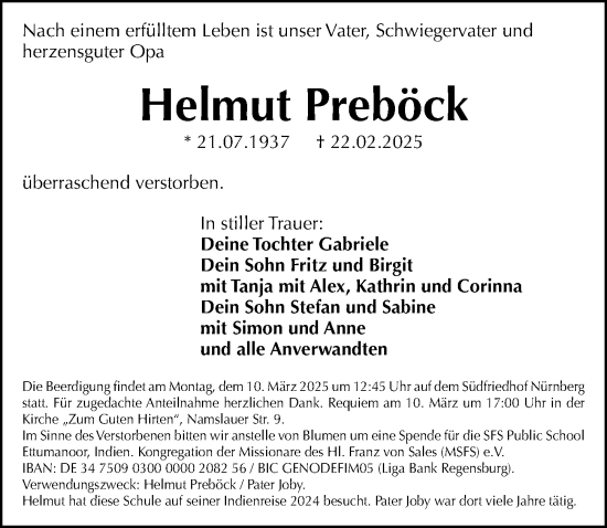 Traueranzeige von Helmut Preböck von Gesamtausgabe Nürnberger Nachrichten/ Nürnberger Ztg.