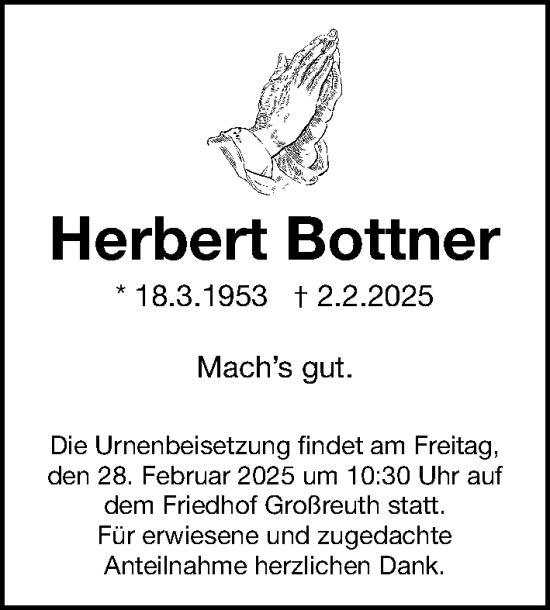 Traueranzeige von Herbert Bottner von Gesamtausgabe Nürnberger Nachrichten/ Nürnberger Ztg.