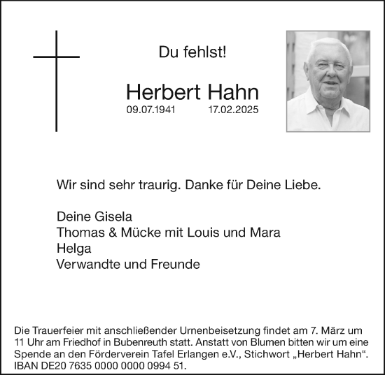 Traueranzeige von Herbert Hahn von Erlanger Nachrichten Lokal