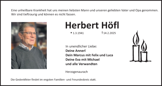 Traueranzeige von Herbert Höfl von Nordbayerische Nachrichten Herzogenaurach Lokal