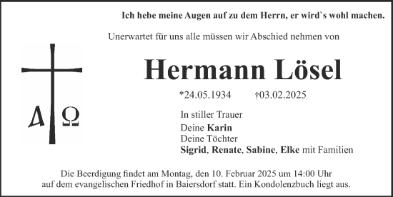 Traueranzeige von Hermann Lösel von Erlanger Nachrichten Lokal