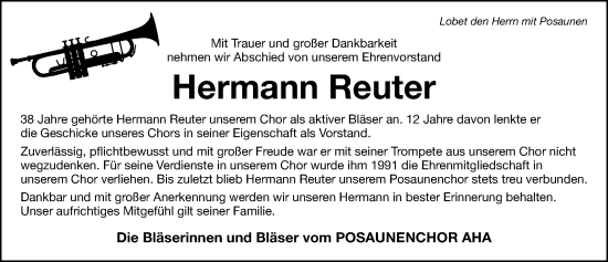 Traueranzeige von Hermann Reuter von Altmühl-Bote Lokal